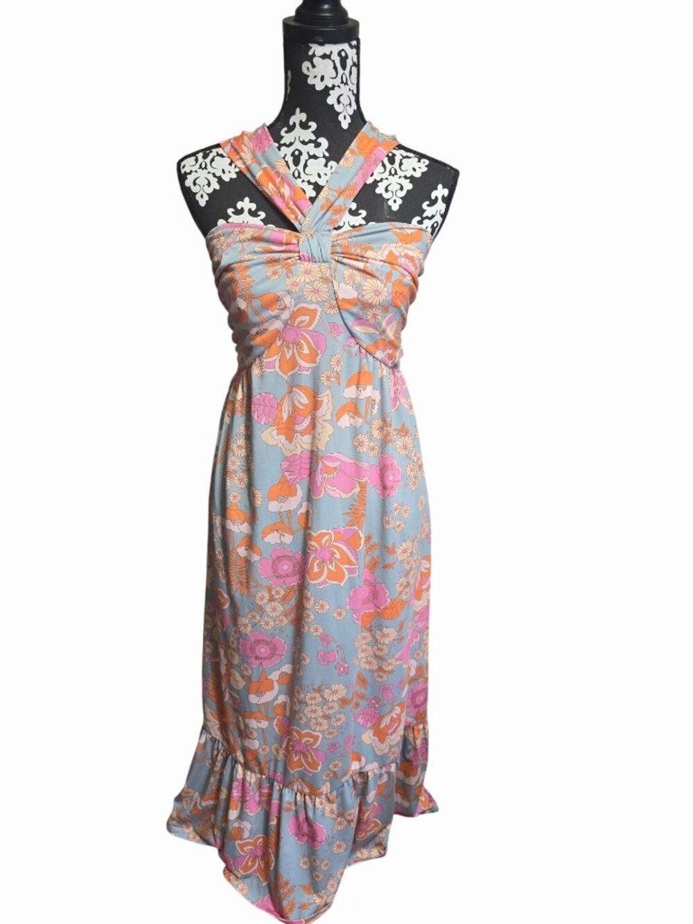 Grace Karin Floral Halter Maxi Dress S Blue Pink Orange Boho 70s Print